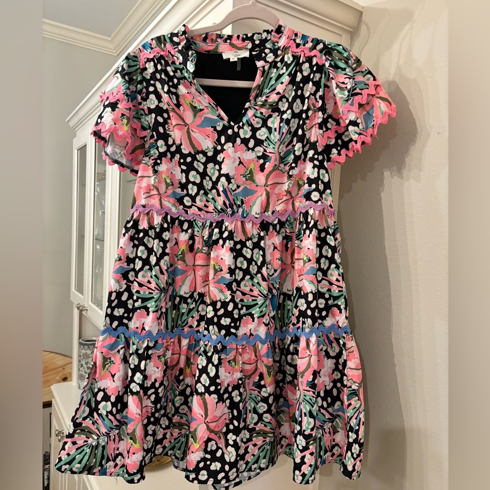 Floral Dress in Pink and Black w/ ric rac trim